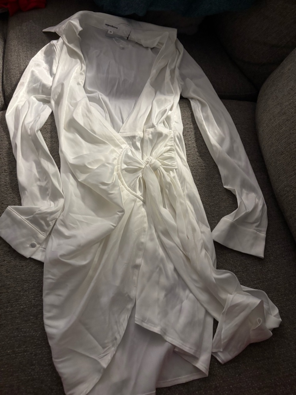 superdown White Long-Sleeve Wrap Dress with Tie Detail